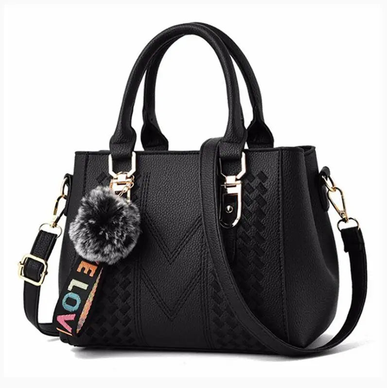 Women's Embroidery PU Leather Messenger Bag – Satchel Handbag with Fur Pom Detail