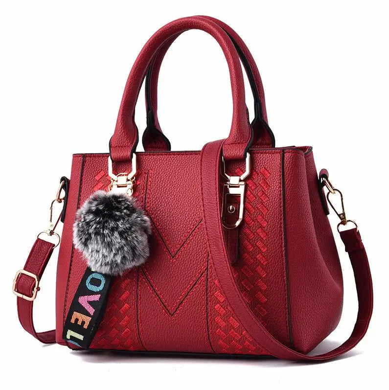 Women's Embroidery PU Leather Messenger Bag – Satchel Handbag with Fur Pom Detail