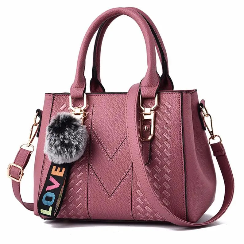 Women's Embroidery PU Leather Messenger Bag – Satchel Handbag with Fur Pom Detail