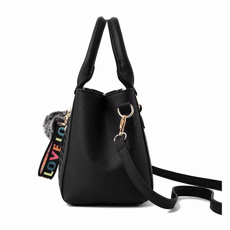 Women's Embroidery PU Leather Messenger Bag – Satchel Handbag with Fur Pom Detail