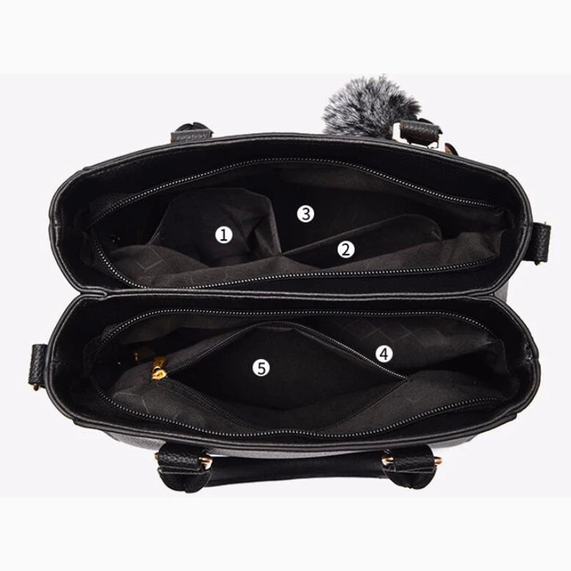 Women's Embroidery PU Leather Messenger Bag – Satchel Handbag with Fur Pom Detail