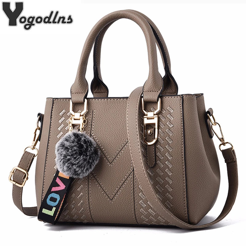 Women's Embroidery PU Leather Messenger Bag – Satchel Handbag with Fur Pom Detail