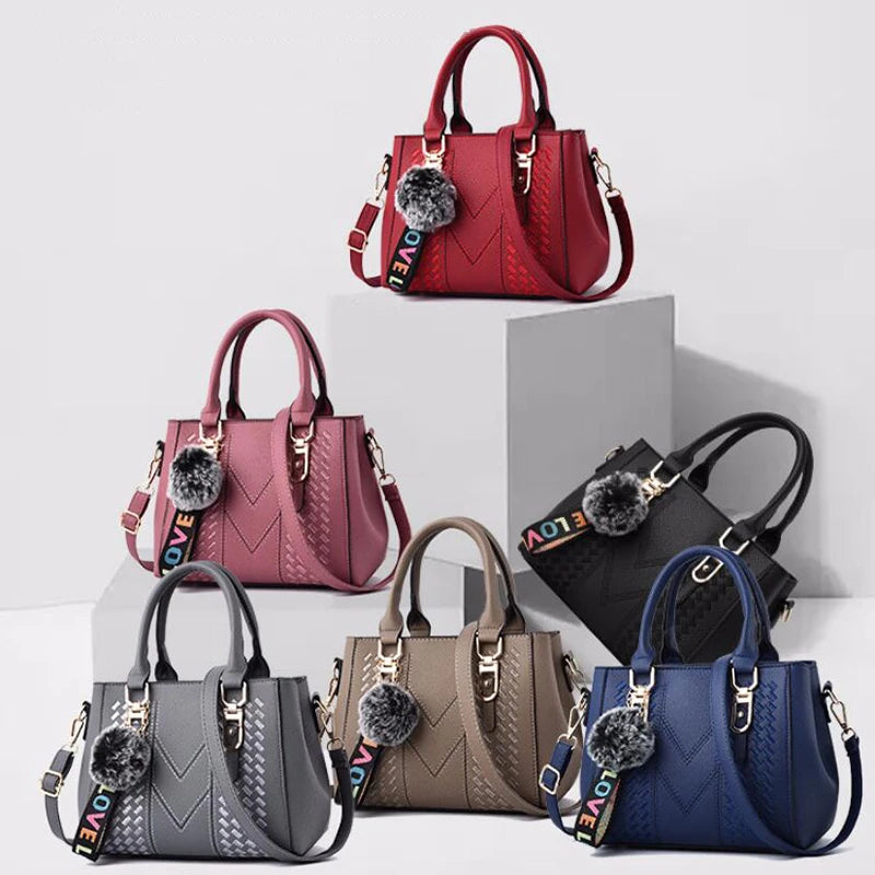 Women's Embroidery PU Leather Messenger Bag – Satchel Handbag with Fur Pom Detail