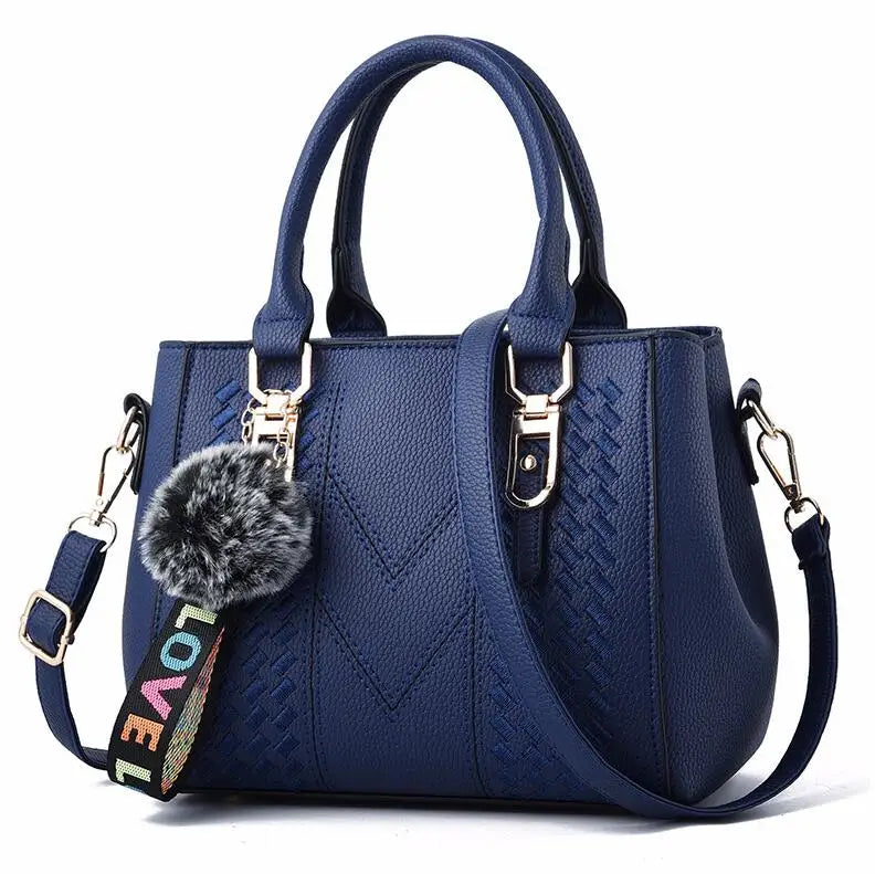 Women's Embroidery PU Leather Messenger Bag – Satchel Handbag with Fur Pom Detail