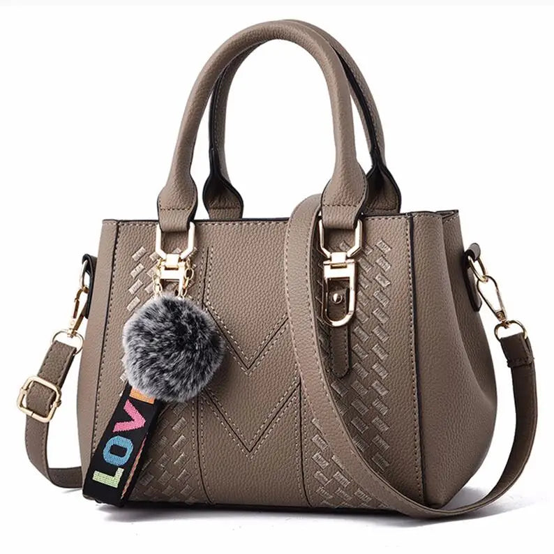 Women's Embroidery PU Leather Messenger Bag – Satchel Handbag with Fur Pom Detail