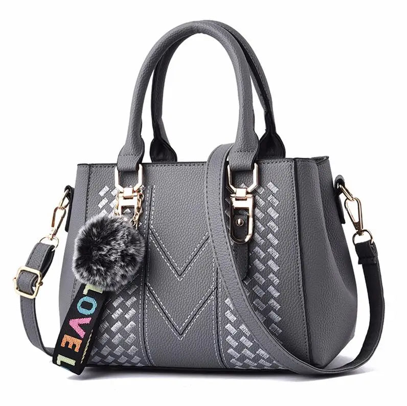 Women's Embroidery PU Leather Messenger Bag – Satchel Handbag with Fur Pom Detail