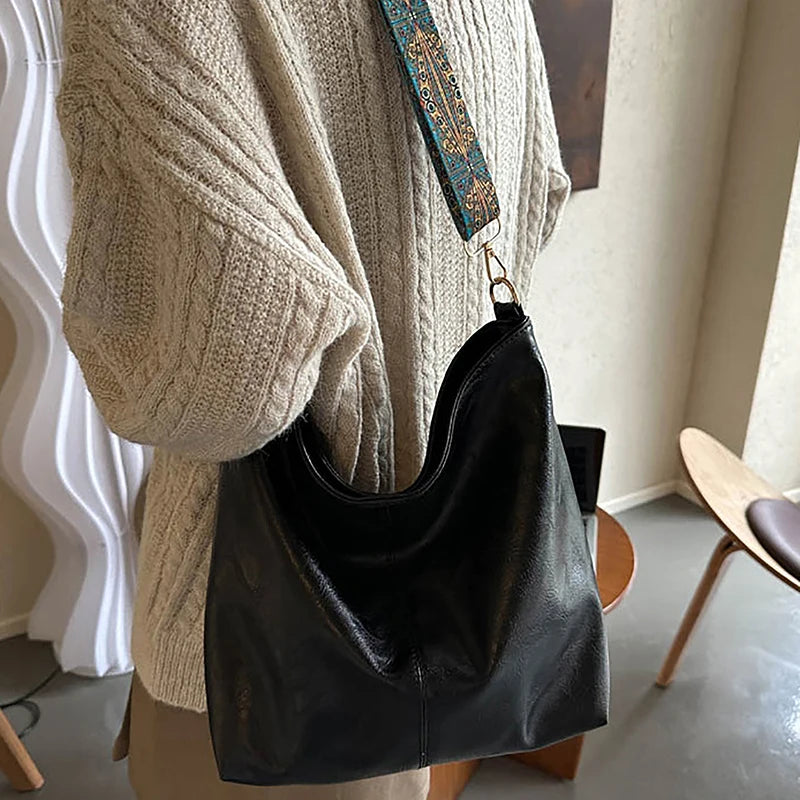 Women's Large Capacity PU Leather Shoulder Bag – Wide Geometric Strap Crossbody