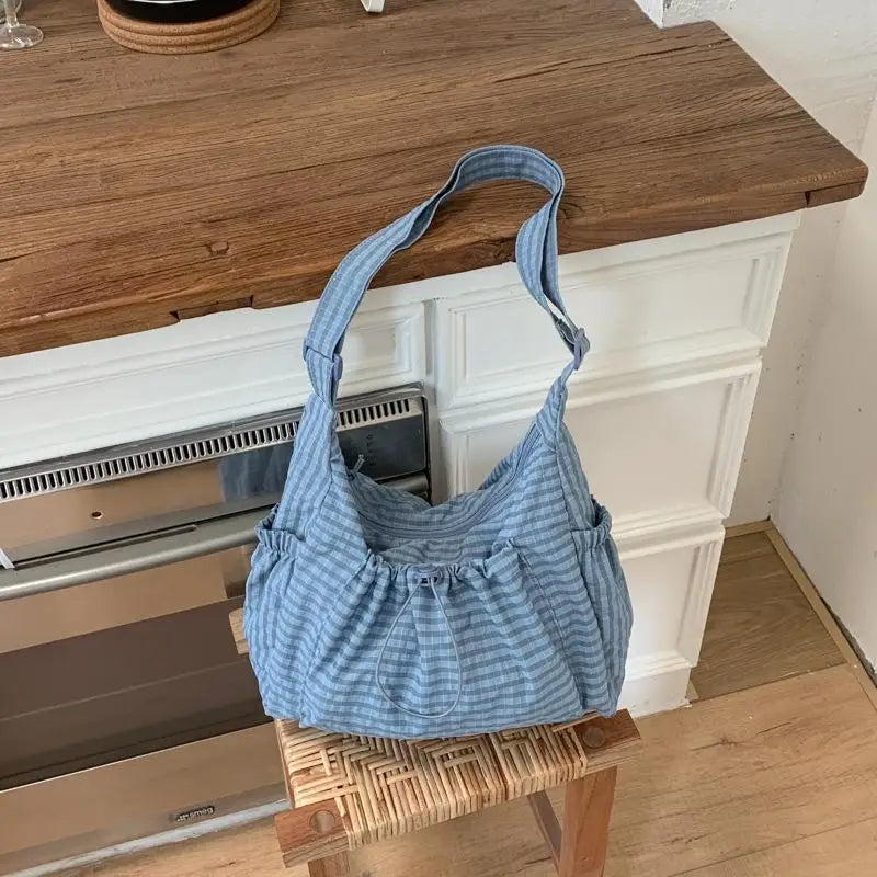 Women's Korean Nylon Plaid Drawstring Tote Bag – Pleated Cloud Crossbody Shoulder Bag