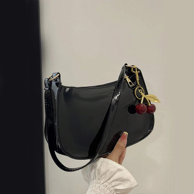 Women's PU Leather Shoulder Bag – Cherry Pendant Flap Crossbody Underarm Bag