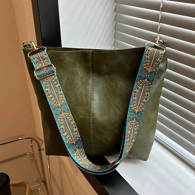 Women's Large Capacity PU Leather Shoulder Bag – Wide Geometric Strap Crossbody