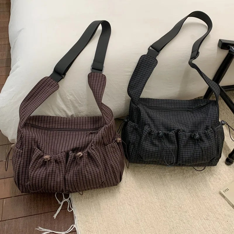Women's Korean Nylon Plaid Drawstring Tote Bag – Pleated Cloud Crossbody Shoulder Bag