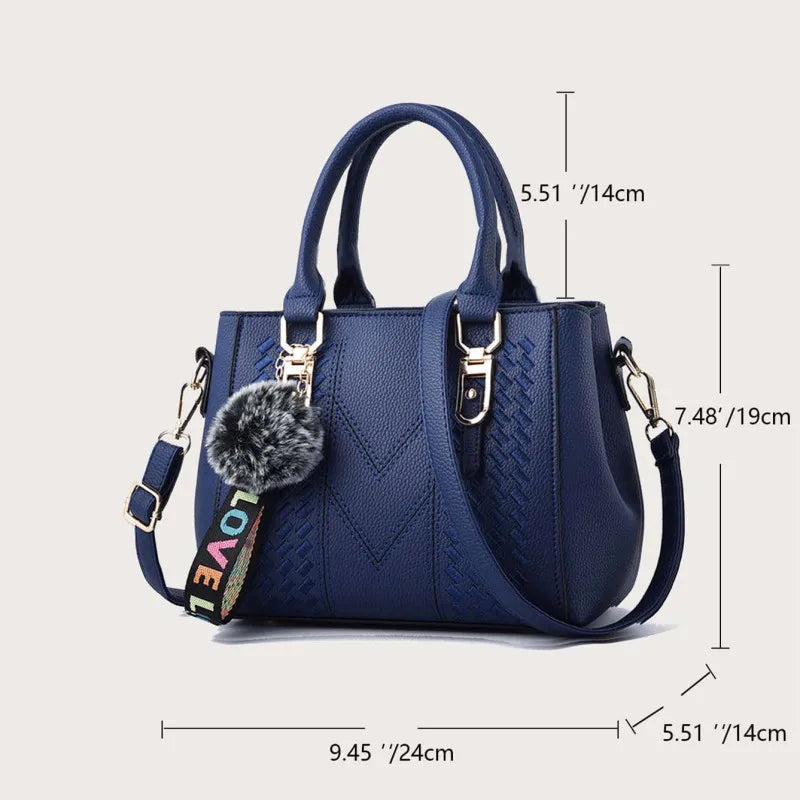Women's Embroidery PU Leather Messenger Bag – Satchel Handbag with Fur Pom Detail