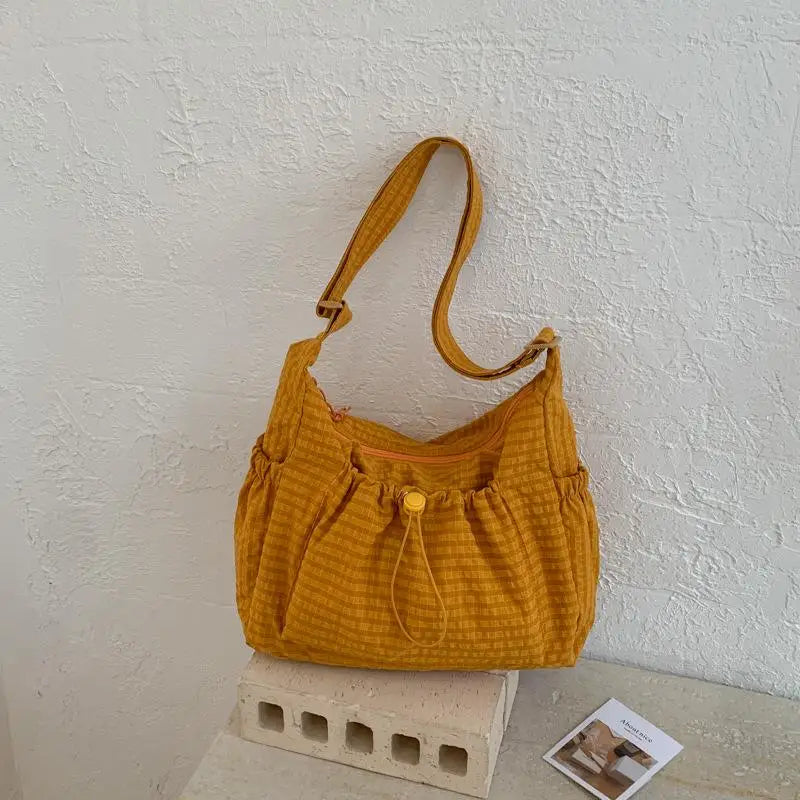 Women's Korean Nylon Plaid Drawstring Tote Bag – Pleated Cloud Crossbody Shoulder Bag