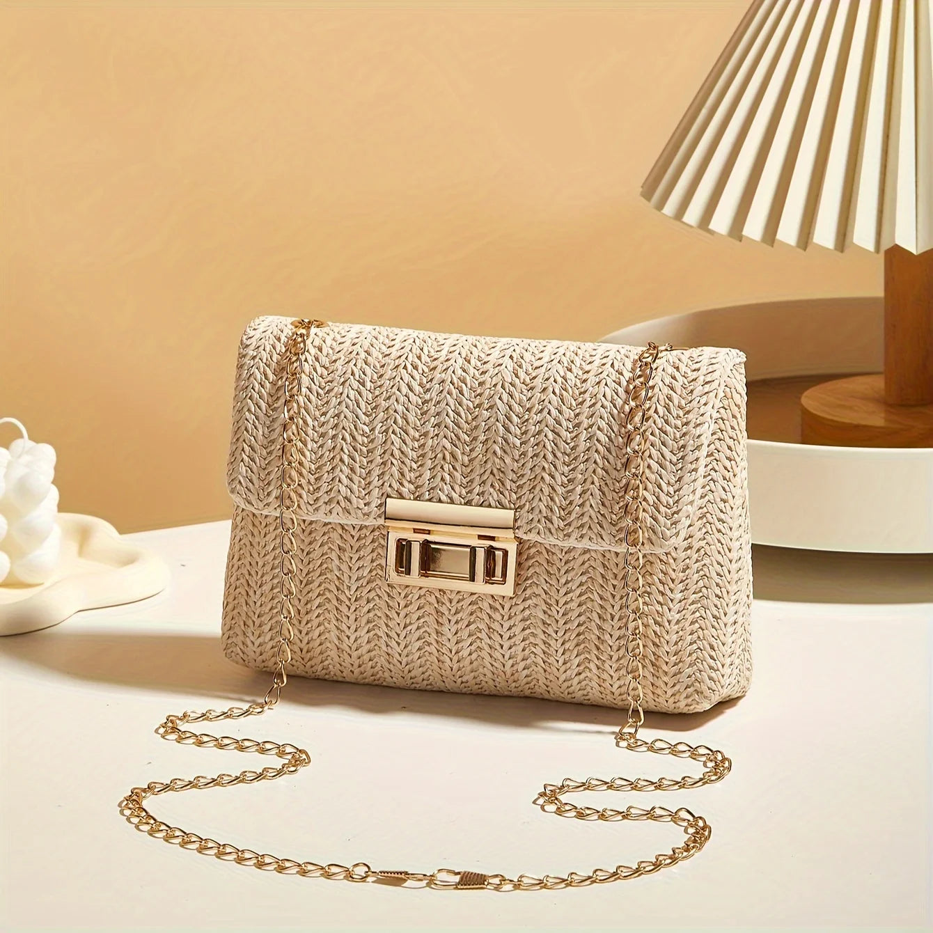 Women's Woven Straw Crossbody Bag – Handwoven Shoulder Purse with Lock Closure