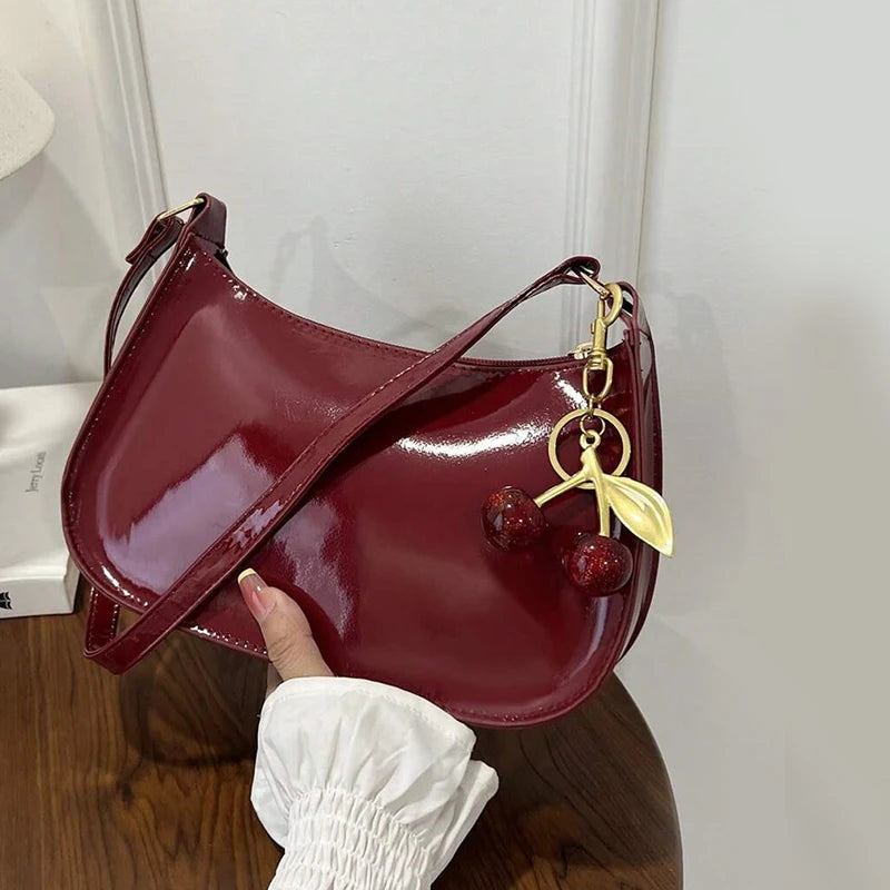 Women's PU Leather Shoulder Bag – Cherry Pendant Flap Crossbody Underarm Bag