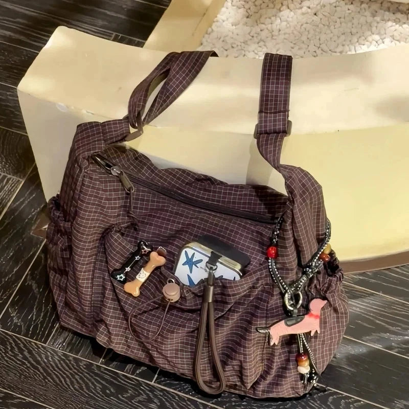 Women's Korean Nylon Plaid Drawstring Tote Bag – Pleated Cloud Crossbody Shoulder Bag
