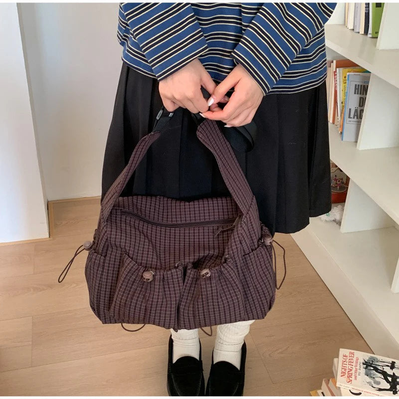 Women's Korean Nylon Plaid Drawstring Tote Bag – Pleated Cloud Crossbody Shoulder Bag