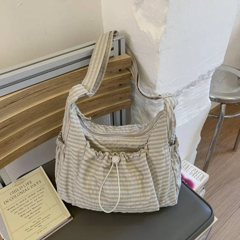 Women's Korean Nylon Plaid Drawstring Tote Bag – Pleated Cloud Crossbody Shoulder Bag