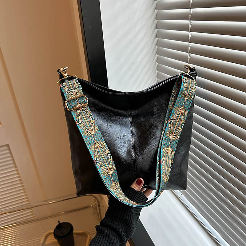 Women's Large Capacity PU Leather Shoulder Bag – Wide Geometric Strap Crossbody