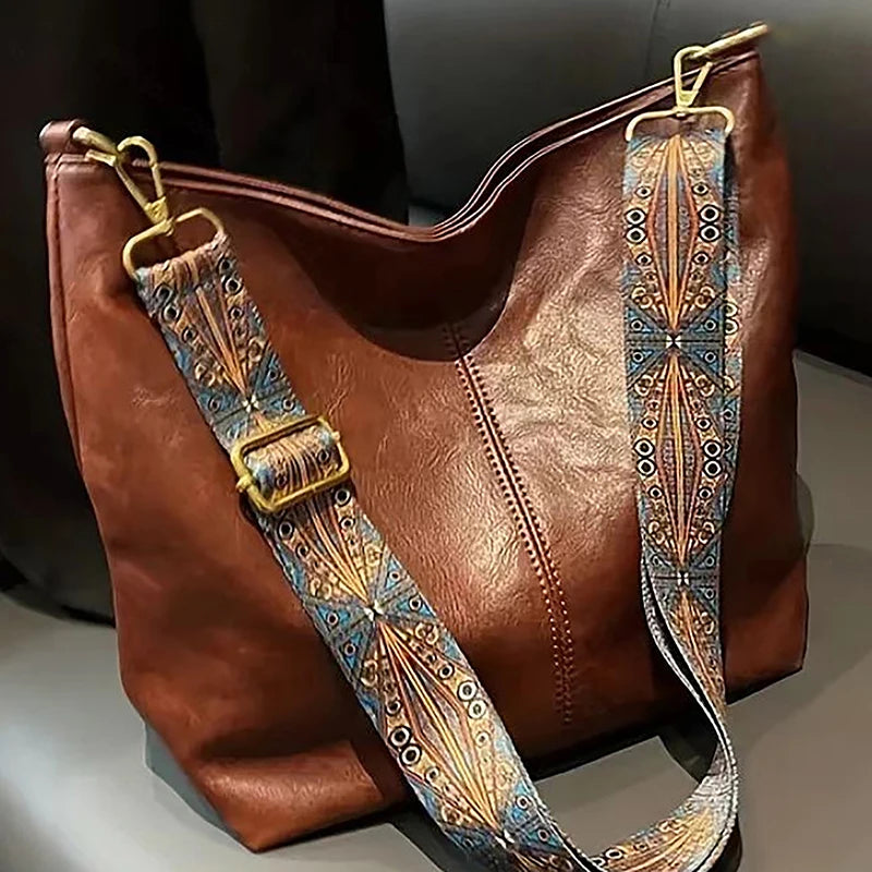 Women's Large Capacity PU Leather Shoulder Bag – Wide Geometric Strap Crossbody