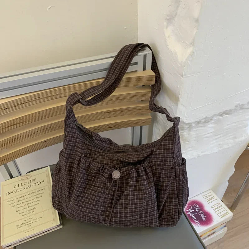 Women's Korean Nylon Plaid Drawstring Tote Bag – Pleated Cloud Crossbody Shoulder Bag
