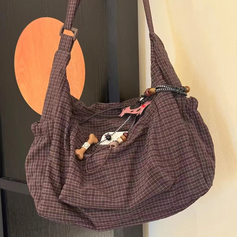 Women's Korean Nylon Plaid Drawstring Tote Bag – Pleated Cloud Crossbody Shoulder Bag