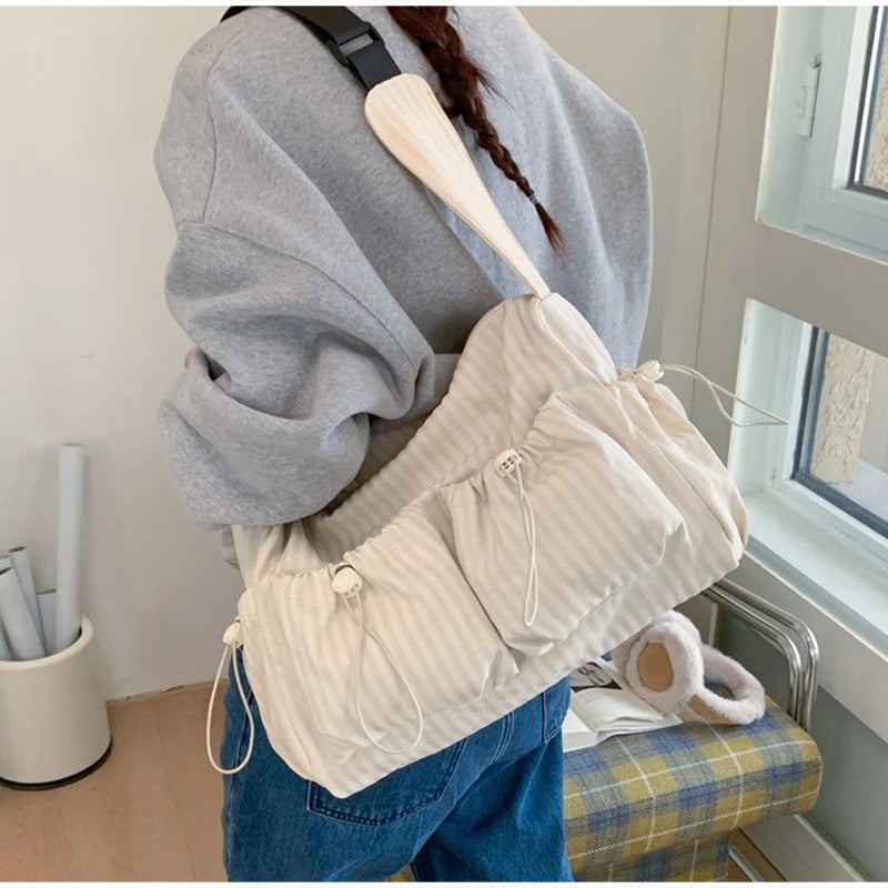 Women's Korean Nylon Plaid Drawstring Tote Bag – Pleated Cloud Crossbody Shoulder Bag