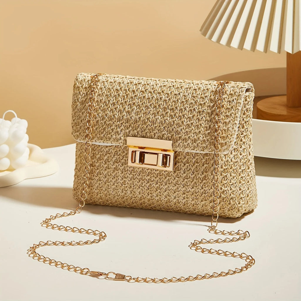 Women's Woven Straw Crossbody Bag – Handwoven Shoulder Purse with Lock Closure