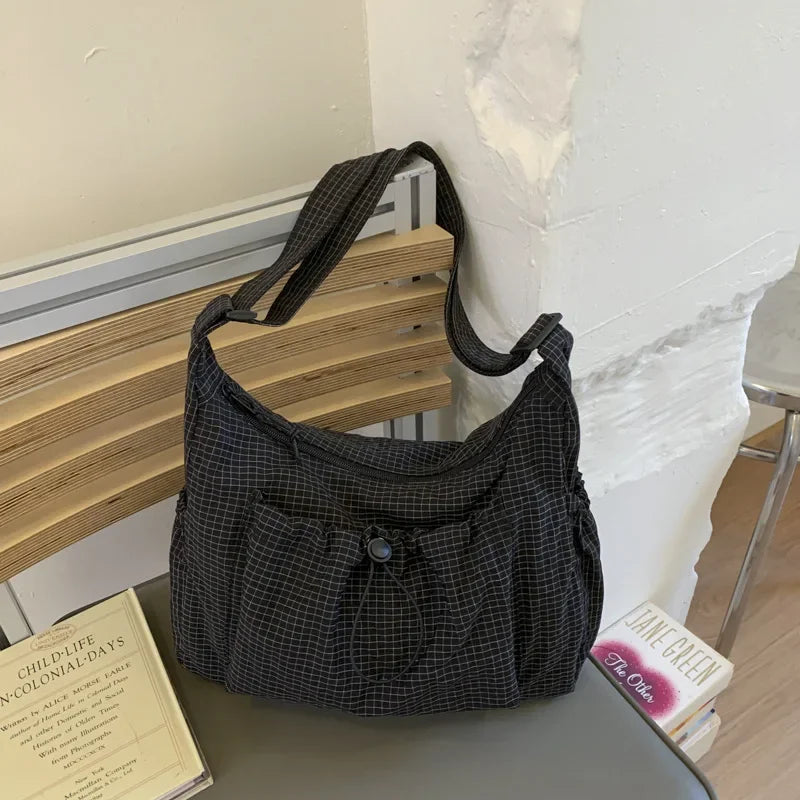 Women's Korean Nylon Plaid Drawstring Tote Bag – Pleated Cloud Crossbody Shoulder Bag