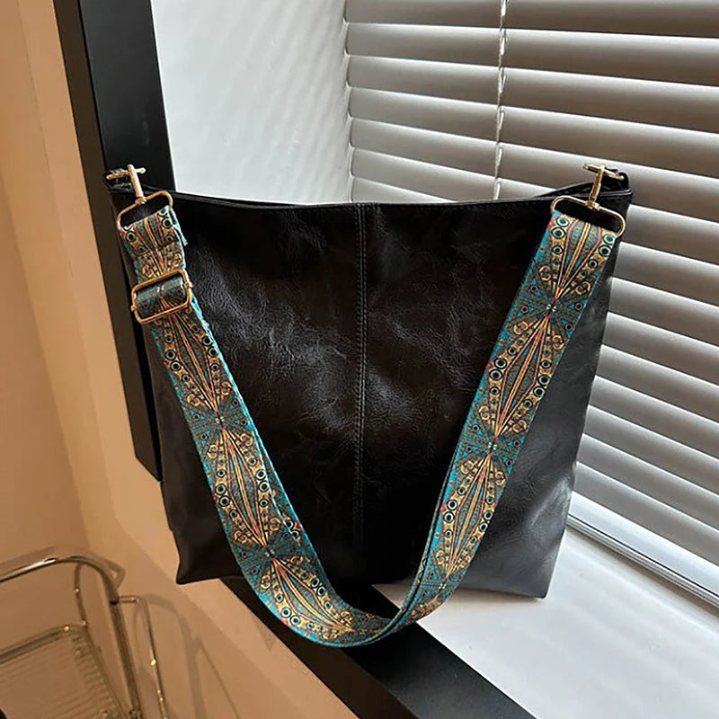 Women's Large Capacity PU Leather Shoulder Bag – Wide Geometric Strap Crossbody