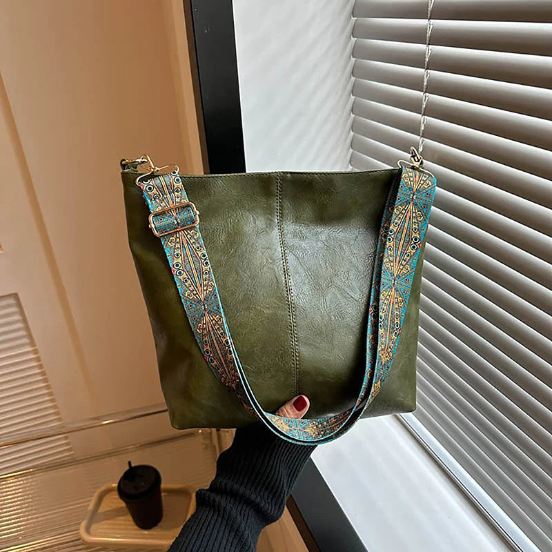 Women's Large Capacity PU Leather Shoulder Bag – Wide Geometric Strap Crossbody