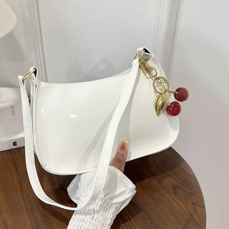 Women's PU Leather Shoulder Bag – Cherry Pendant Flap Crossbody Underarm Bag