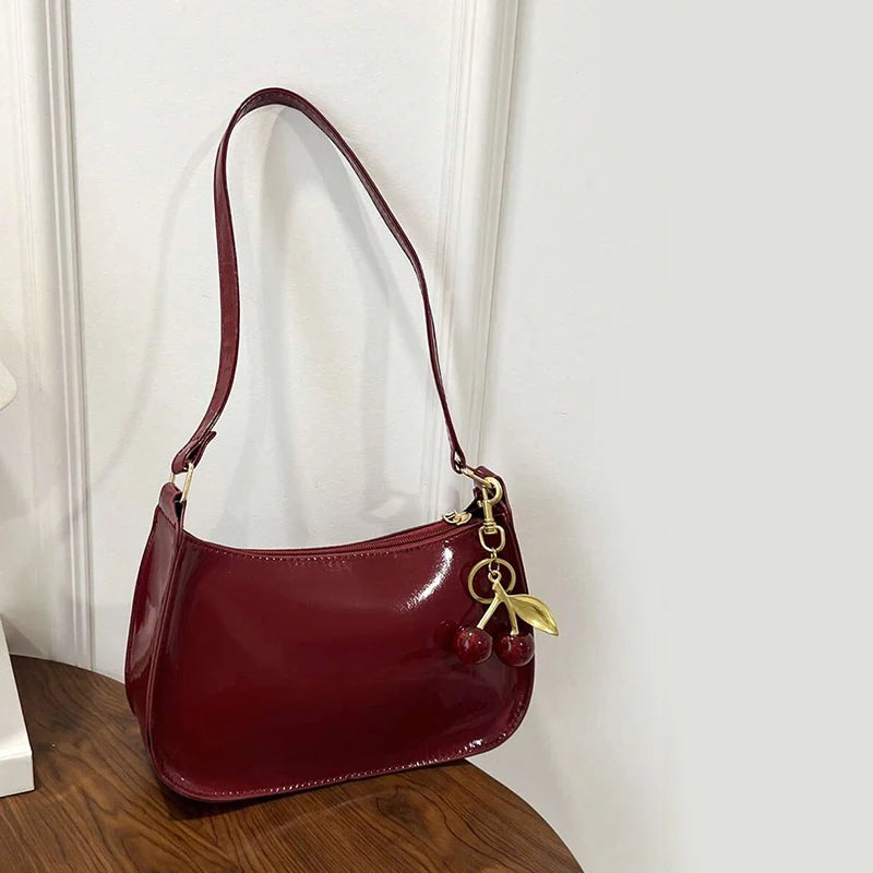 Women's PU Leather Shoulder Bag – Cherry Pendant Flap Crossbody Underarm Bag