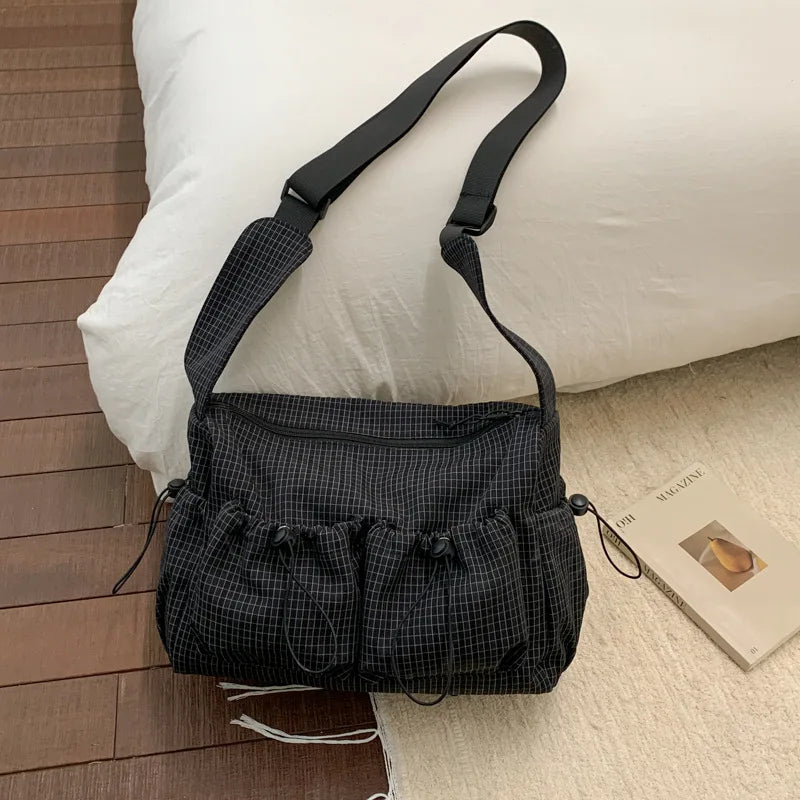 Women's Korean Nylon Plaid Drawstring Tote Bag – Pleated Cloud Crossbody Shoulder Bag