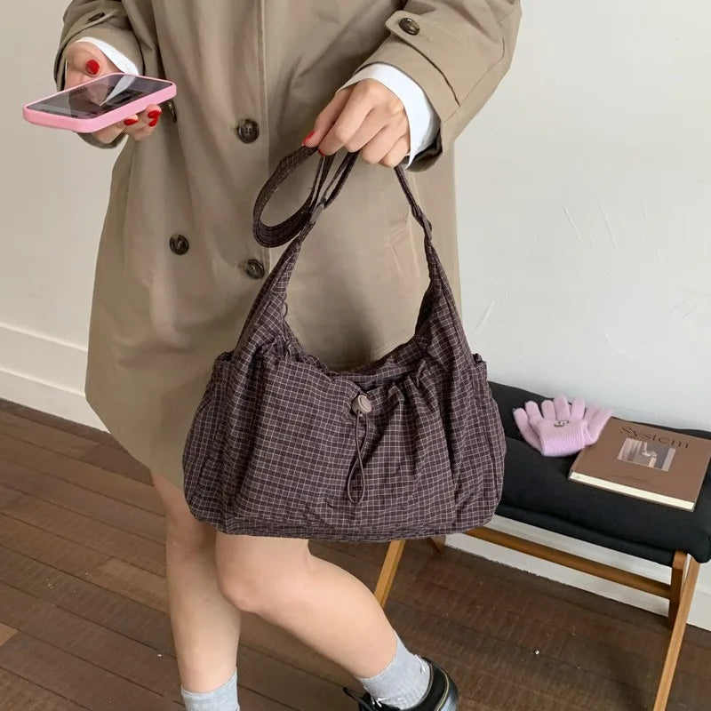Women's Korean Nylon Plaid Drawstring Tote Bag – Pleated Cloud Crossbody Shoulder Bag