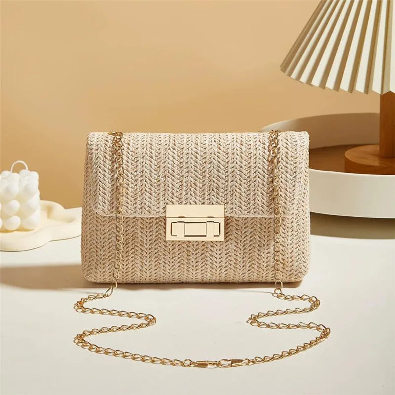 Women's Woven Straw Crossbody Bag – Handwoven Shoulder Purse with Lock Closure