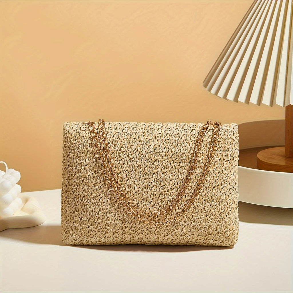 Women's Woven Straw Crossbody Bag – Handwoven Shoulder Purse with Lock Closure