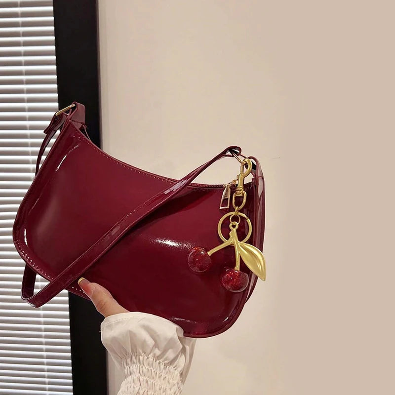 Women's PU Leather Shoulder Bag – Cherry Pendant Flap Crossbody Underarm Bag