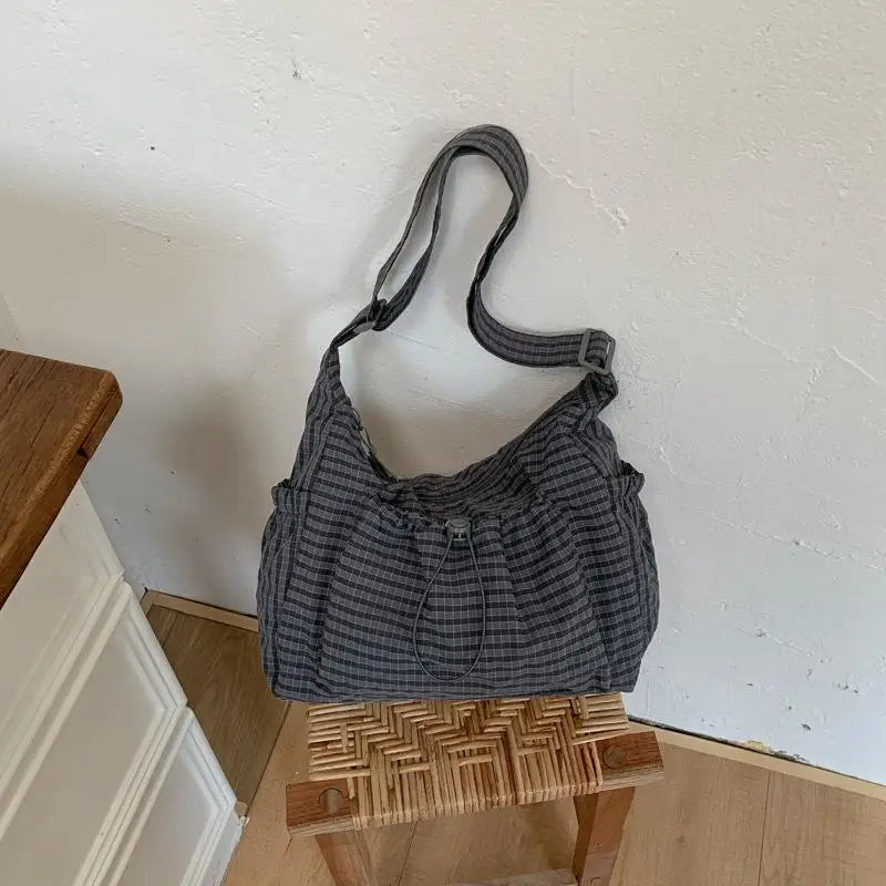 Women's Korean Nylon Plaid Drawstring Tote Bag – Pleated Cloud Crossbody Shoulder Bag
