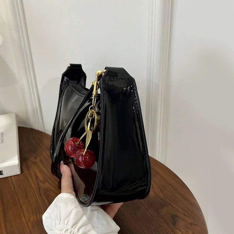 Women's PU Leather Shoulder Bag – Cherry Pendant Flap Crossbody Underarm Bag