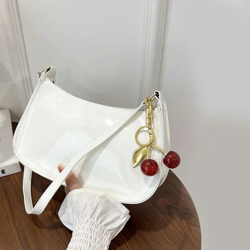 Women's PU Leather Shoulder Bag – Cherry Pendant Flap Crossbody Underarm Bag