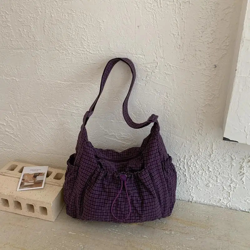 Women's Korean Nylon Plaid Drawstring Tote Bag – Pleated Cloud Crossbody Shoulder Bag