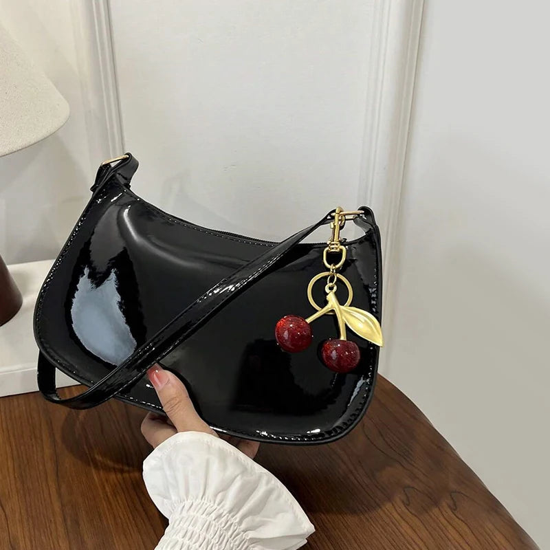 Women's PU Leather Shoulder Bag – Cherry Pendant Flap Crossbody Underarm Bag