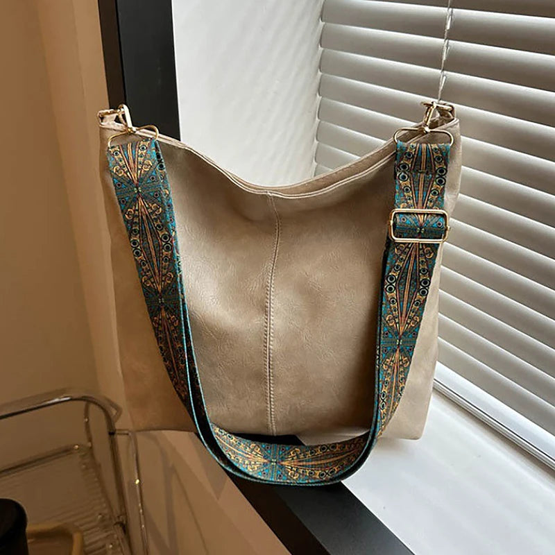 Women's Large Capacity PU Leather Shoulder Bag – Wide Geometric Strap Crossbody